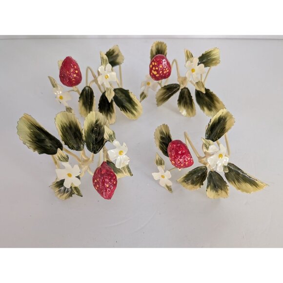 Vintage Italian Toleware 1960s Strawberry & Flower Napkin Rings Set Of 4 - Picture 1 of 6